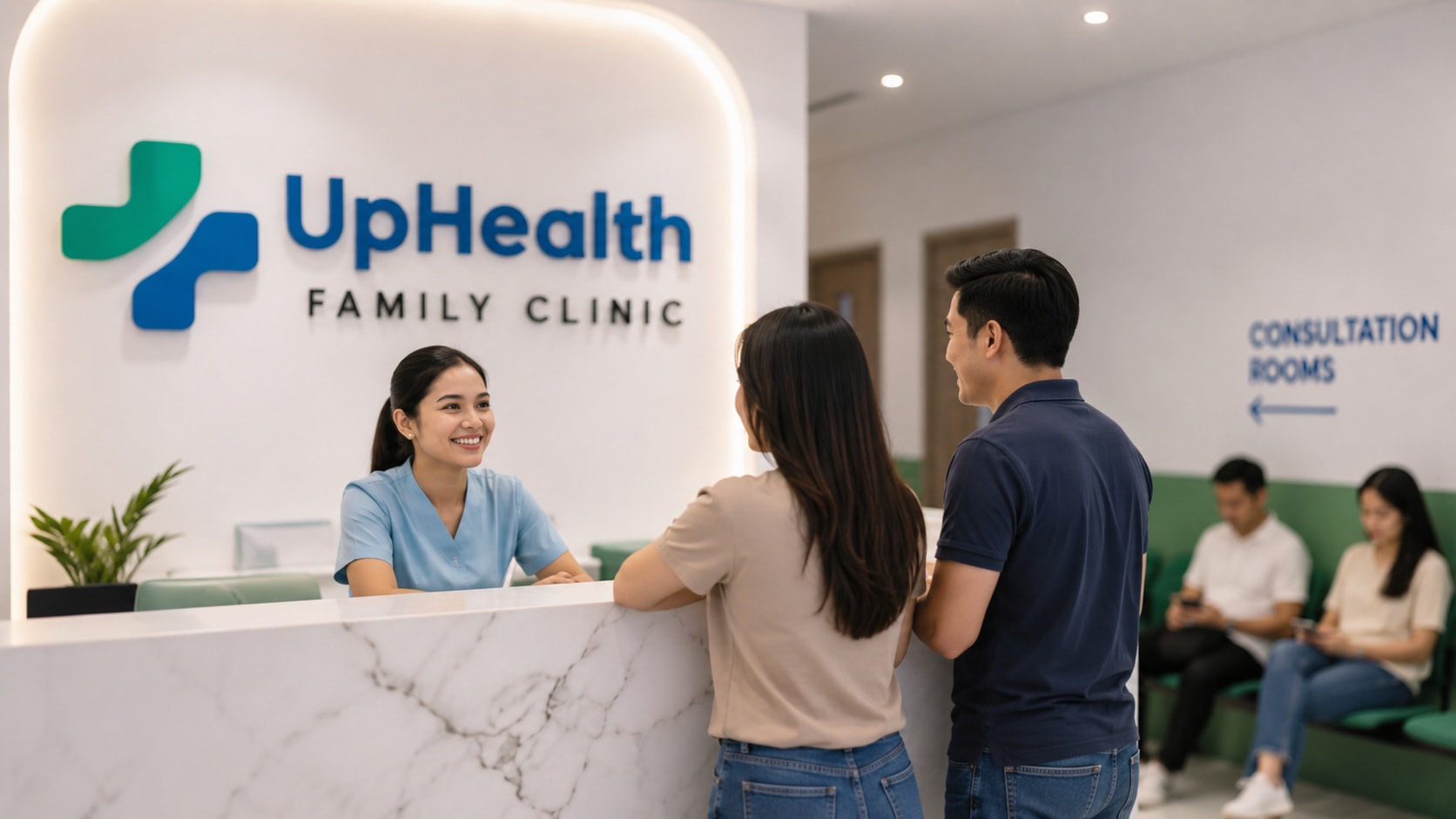 A patient being welcomed at the UpHealth reception desk